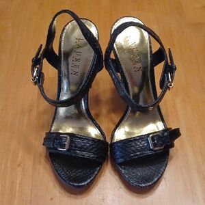 Lauren Ralph Lauren Black And Gold Snake Print Ankle-Strap Heels Size 6B NWOT